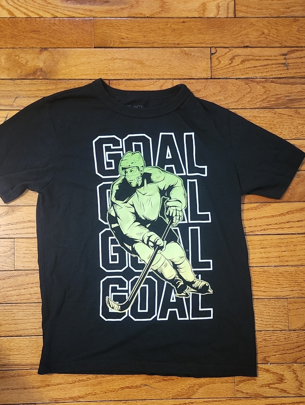 Place Black "GOAL" Short-Sleeve Tee w/ Lime Green Hockey Graphic; Medium 7/8